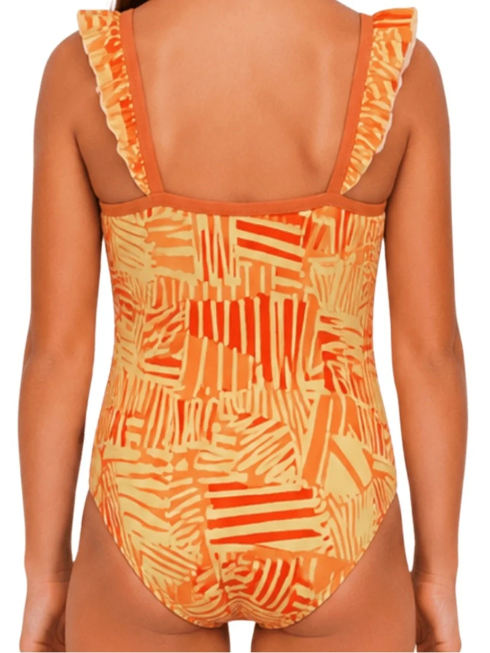Maui & Sons Orange Yellow Ruffle One-Piece Swim Bathing Suit Girls L (10-12)